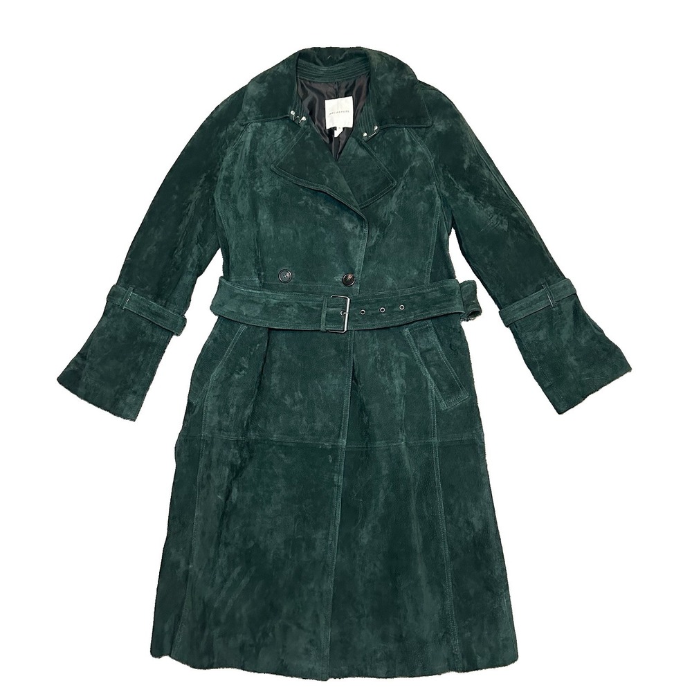 AVEC LES FILLES Foliage Green MEDIUM Genuine Suede Belted Trench Coat Luxury - Picture 1 of 16